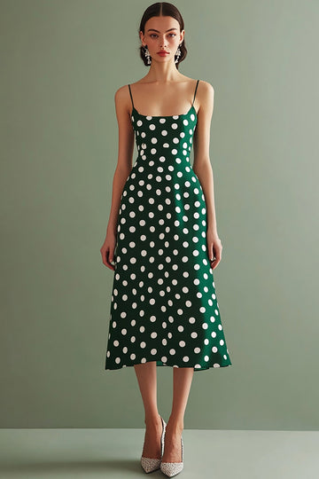 Vestido Verão Alças Finas Linha-A Midi Ponto Branco Verde